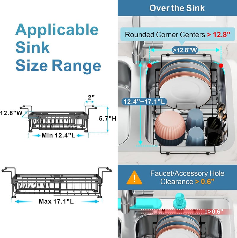 iSPECLE Expandable in Sink Dish Drying Rack - Adjustable Capacity Over The Sink Dish Drainer Drying Rack with Utensil Holder for Kitchen, 12.4"-17.1" L x 12.8" W, Black - Image 2